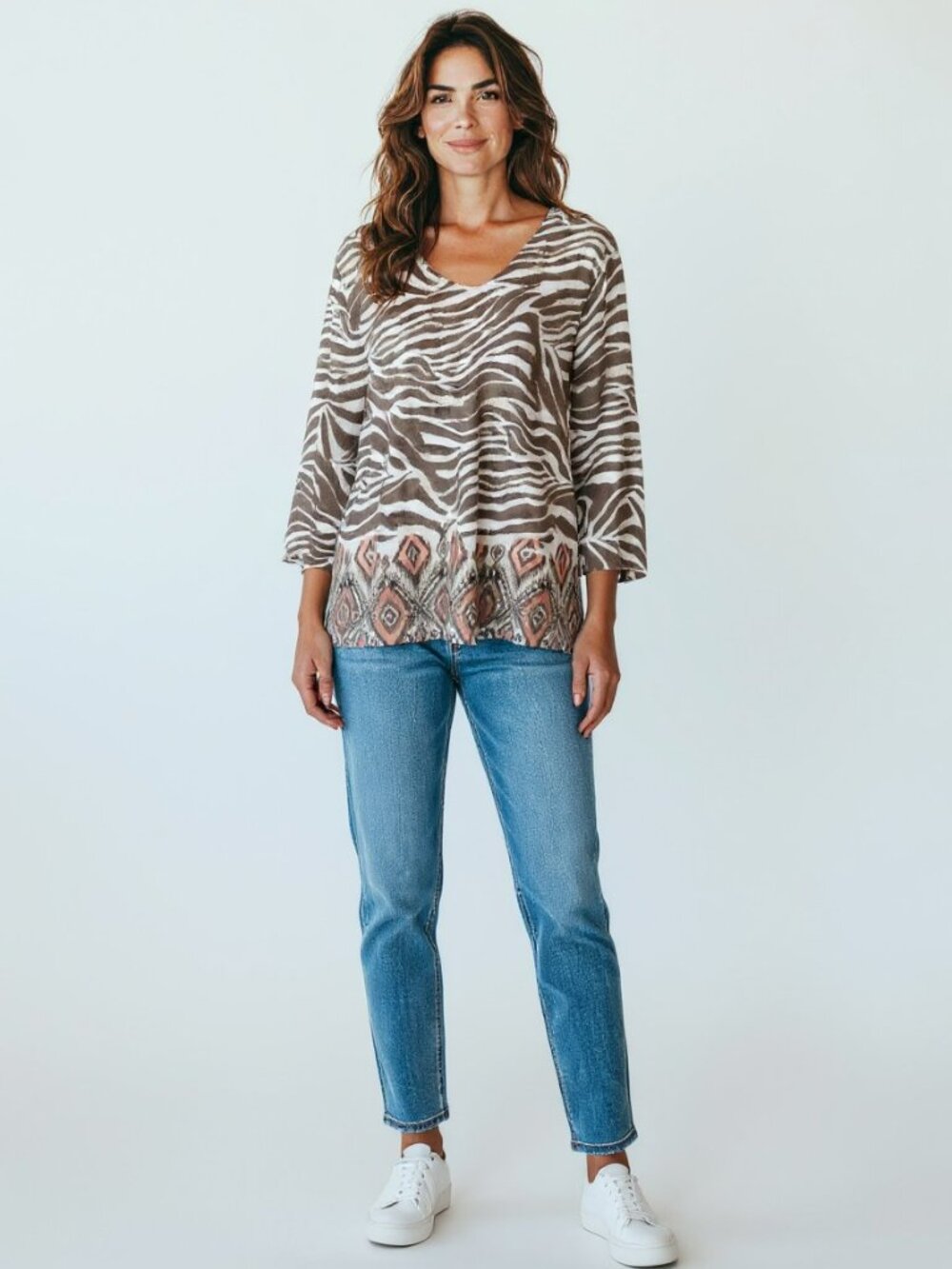 Chico's Brown Animal Print with Orange Aztec‎ Design 3/4 Sleeves Casual Top